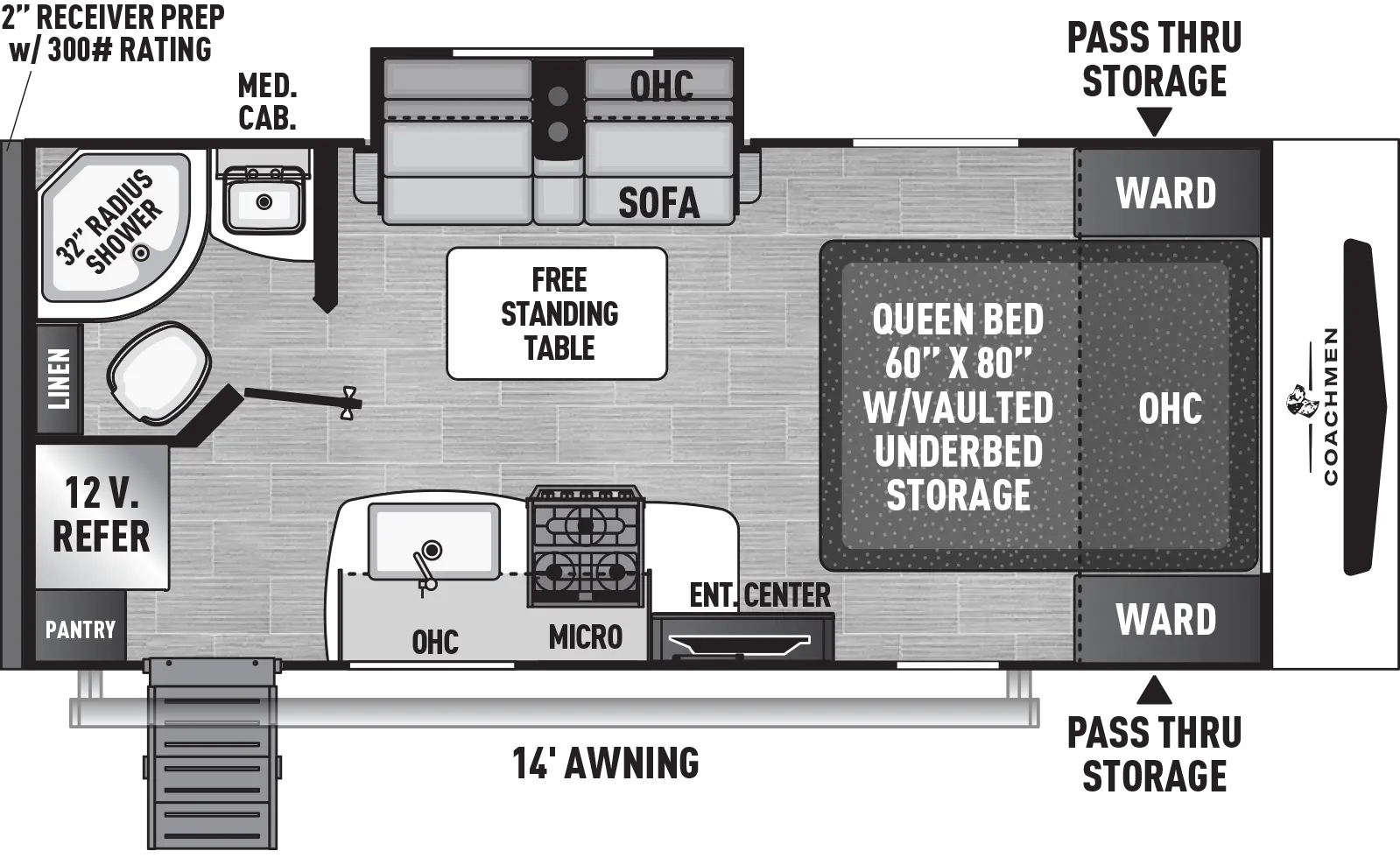 The 192RBS has one slideout and one entry. Exterior features front pass-thru storage, and 14 foot awning. Interior layout front to back: foot-facing queen bed with vaulted underbed storage, overhead cabinet, and wardrobes on each side; door side entertainment center, kitchen counter with cooktop and sink, overhead cabinet with microwave, and entry; off-door side sofa slideout overhead cabinet and free standing table; rear off-door side full bathroom with linen closet; rear door side refrigerator and pantry.